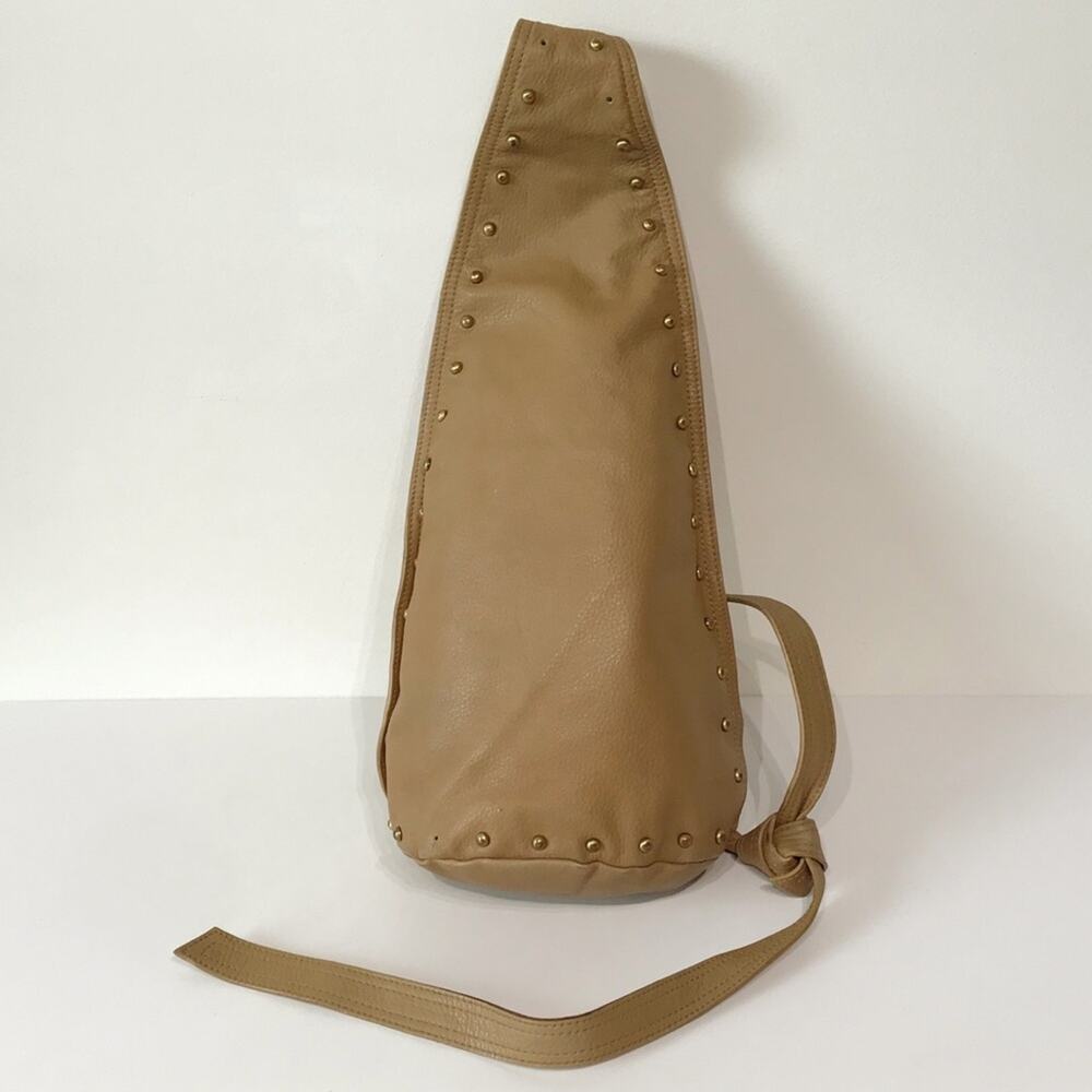 Patti Hansen for HUNG ON U Tan Leather Bronze Studded Cross Body Sling Bag Cross - Picture 5 of 16